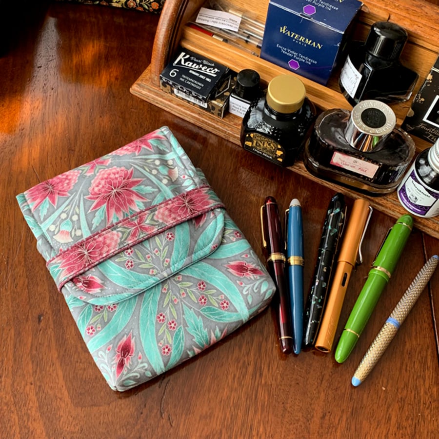 Kaleidsescope - grey & turquoise: 5-slot fabric fountain pen case