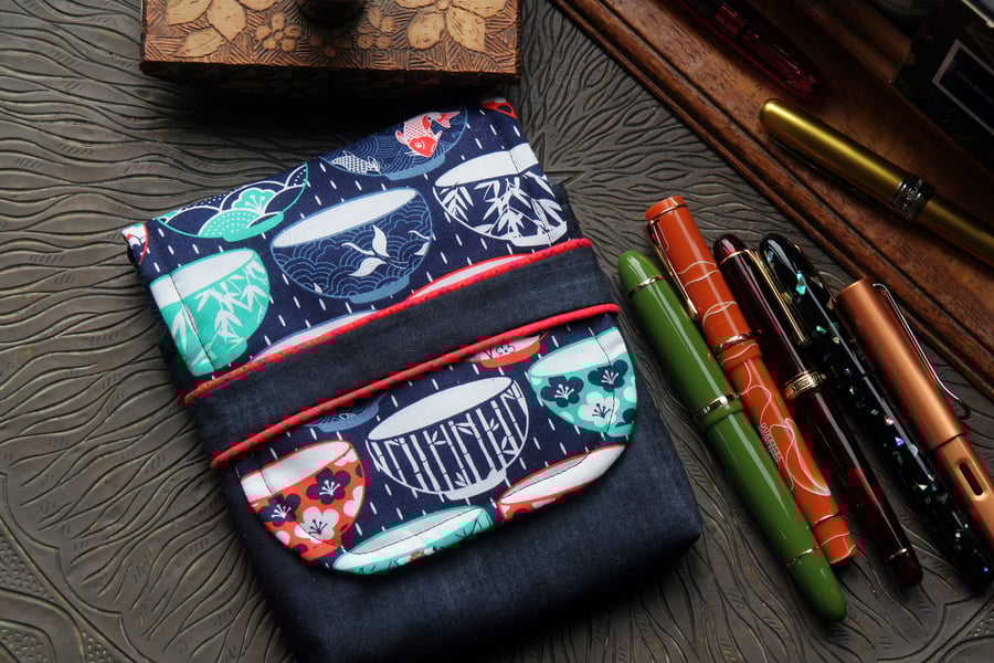 Time for Tea navy red and teal fabric fountain pen case