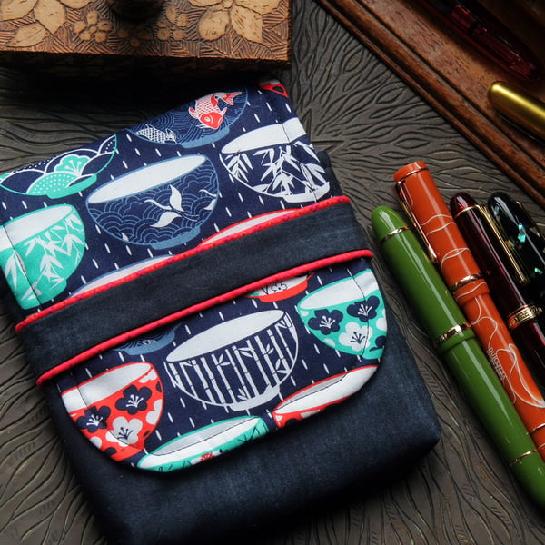 Time for Tea navy red and teal fabric fountain pen case