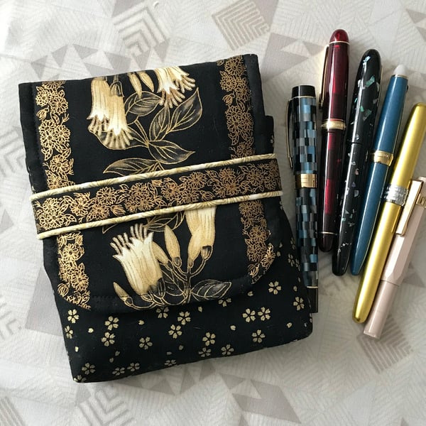 Maya 6-slot fabric fountain pen case black gold cream