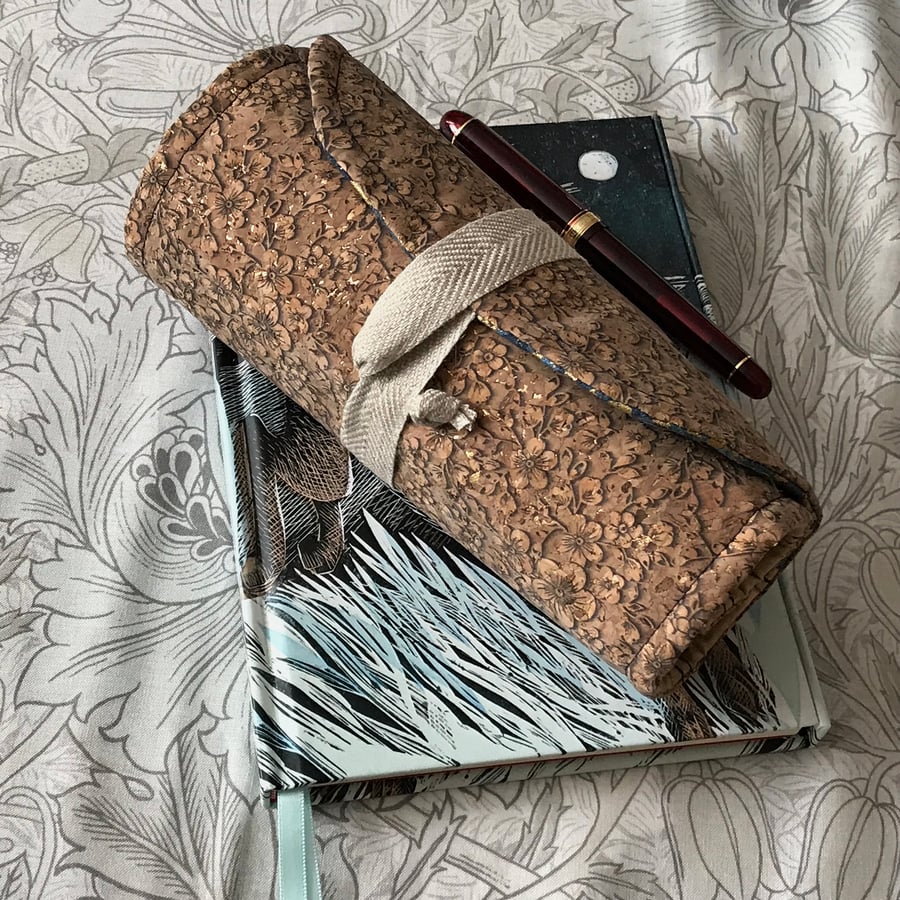 Blake: a patterned Cork 7-slot fountain pen roll with linen twill tie