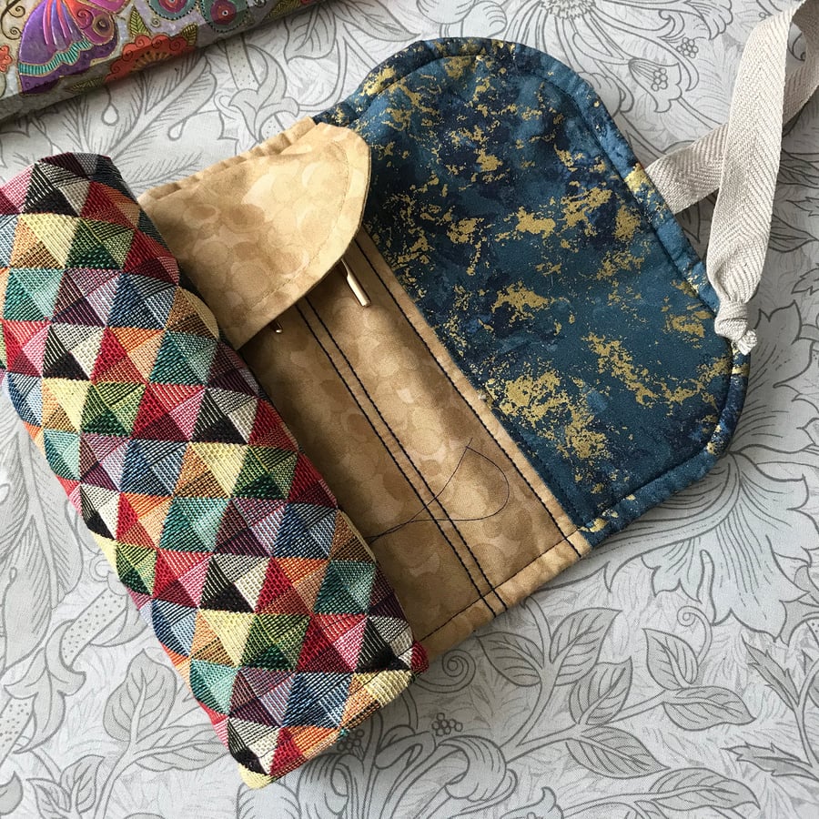 Tristan:  smaller tapestry 7-slot fountain pen roll & linen twill tie.          