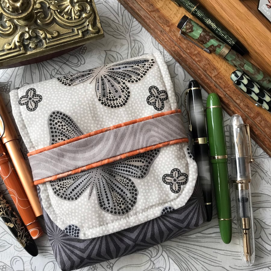Butterflies: 6 slot fabric fountain pen case taupe and grey