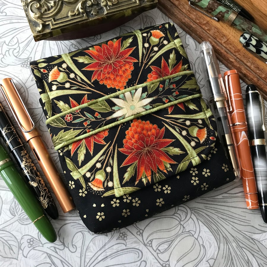 Helena: 6-slot fabric fountain pen case, orange, red, green, black