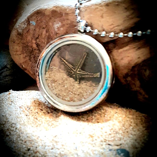 Memory Locket with Mawgan Porth sand and starfish charm  pendant necklace
