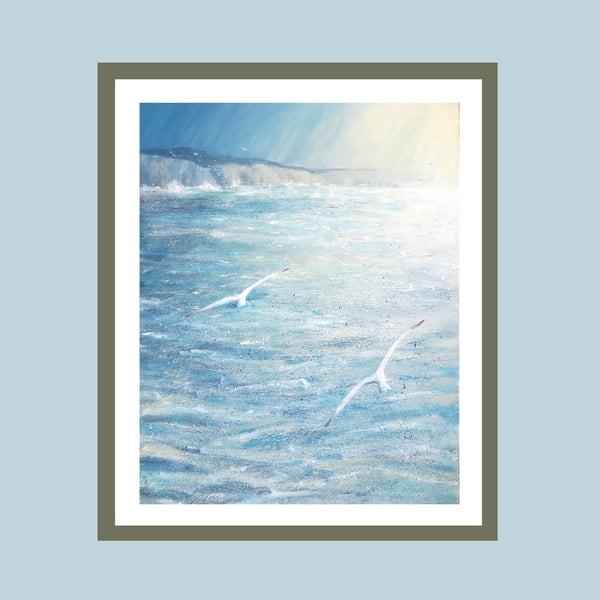 Original seascape painting of the Dorset coast gulls, sky, ocean, acrylic 