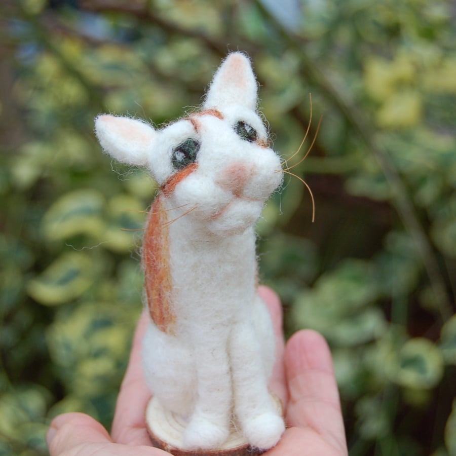Needle felt white and ginger cat, collectable animal sculpture