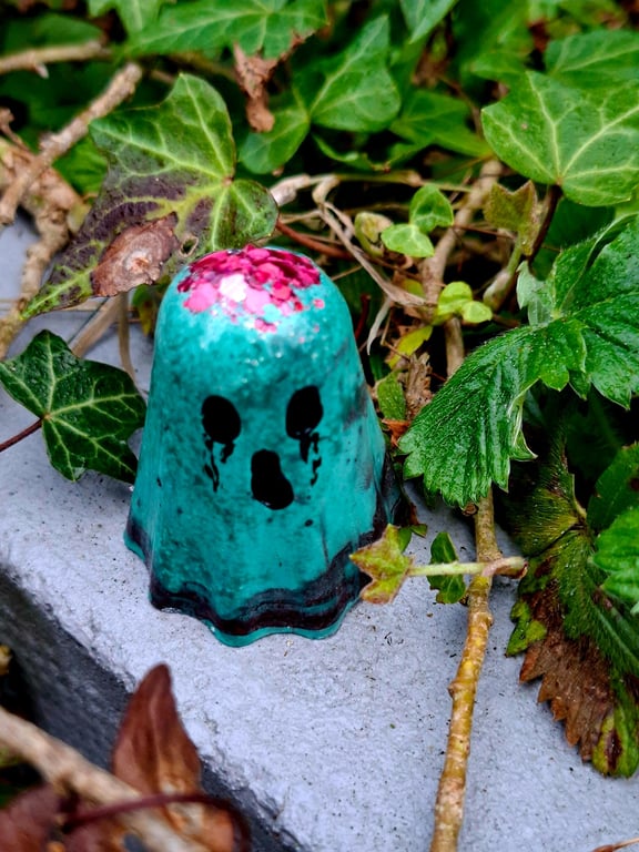 Spooky Cute Mini Ghost Figurines Eco-Resin Glitter Brain Detail Handmade Gothic 