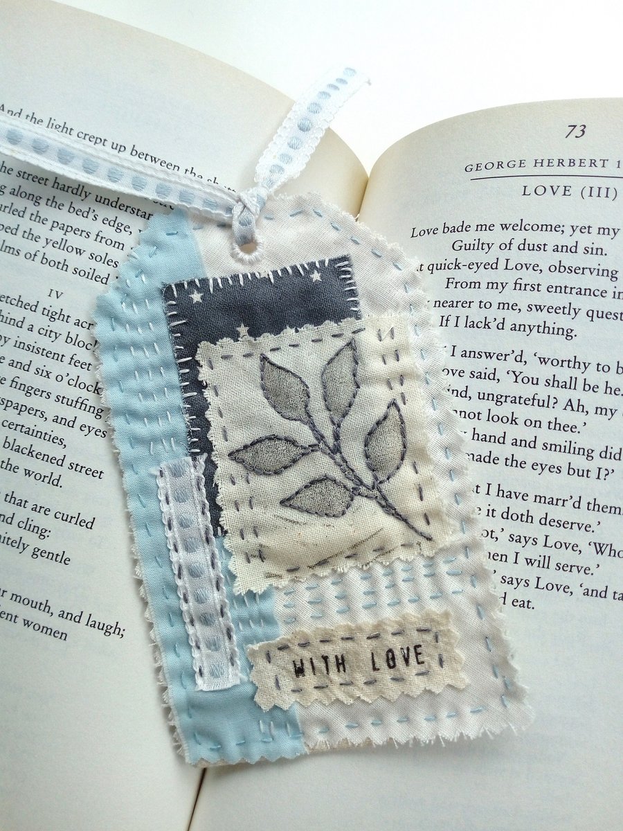 Fabric Gift Tag Bookmark with Printed Leaf Collage and Love Sentiment