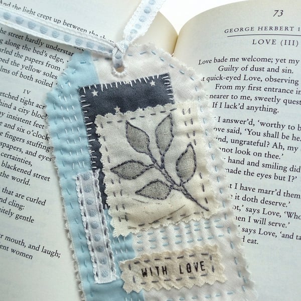 Fabric Gift Tag Bookmark with Printed Leaf Collage and Love Sentiment