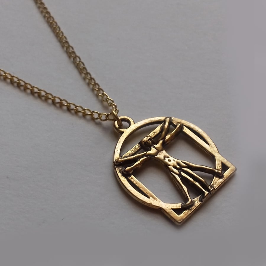 Gold Plate Vitruvian Man Da Vinci Art Artist Teacher Necklace
