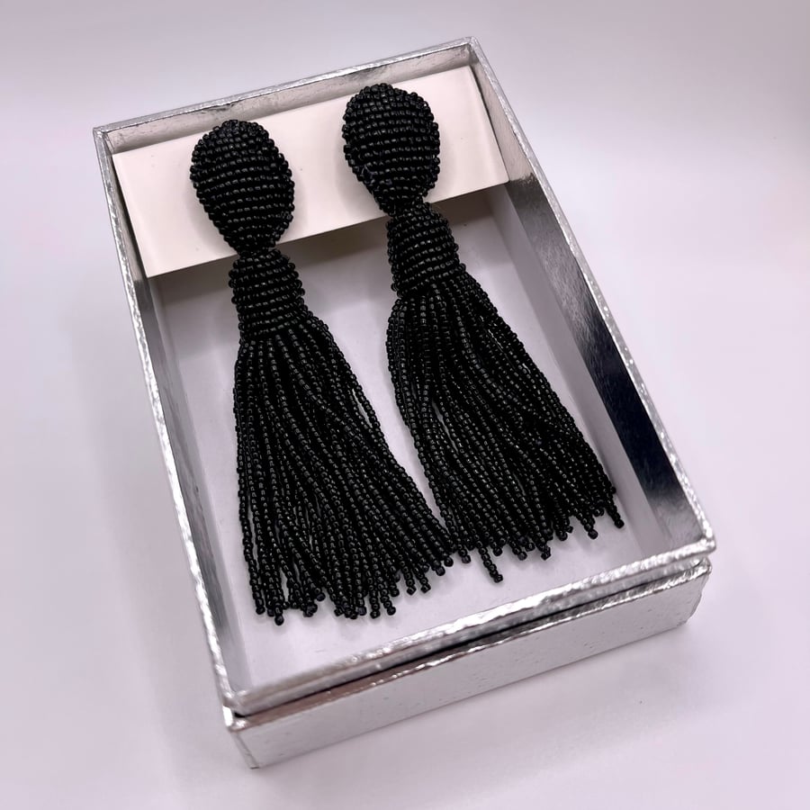 Oscar de la Renta inspired beaded “Classic Black” tassel earrings, studs