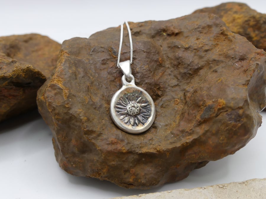 Recycled Sterling Silver Real Daisy Flower Mould Pendant Necklace ECO STS Chain.