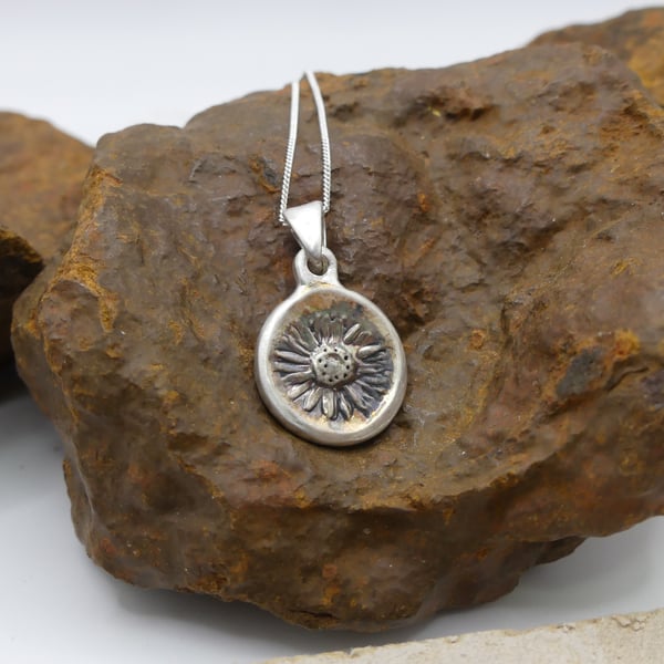 Recycled Sterling Silver Real Daisy Flower Mould Pendant Necklace ECO STS Chain.