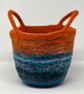 Medium Rust Orange and Blue Felt Basket with Cord Grab Handles - Image 3