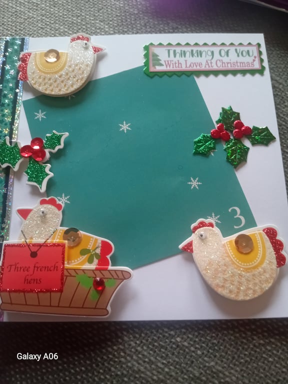 Three French Hens Christmas card Handmade