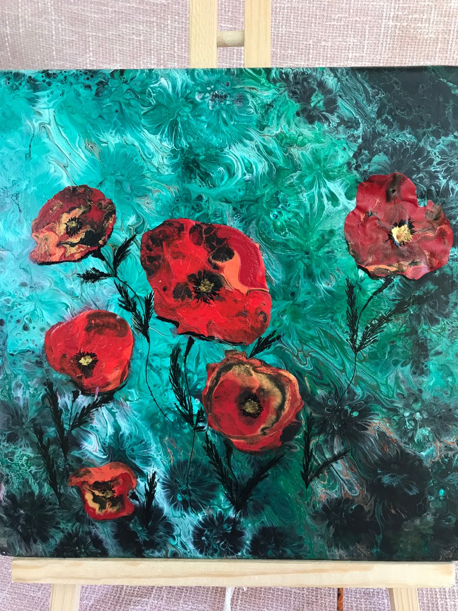 Original acrylic painting Poppies in a field.