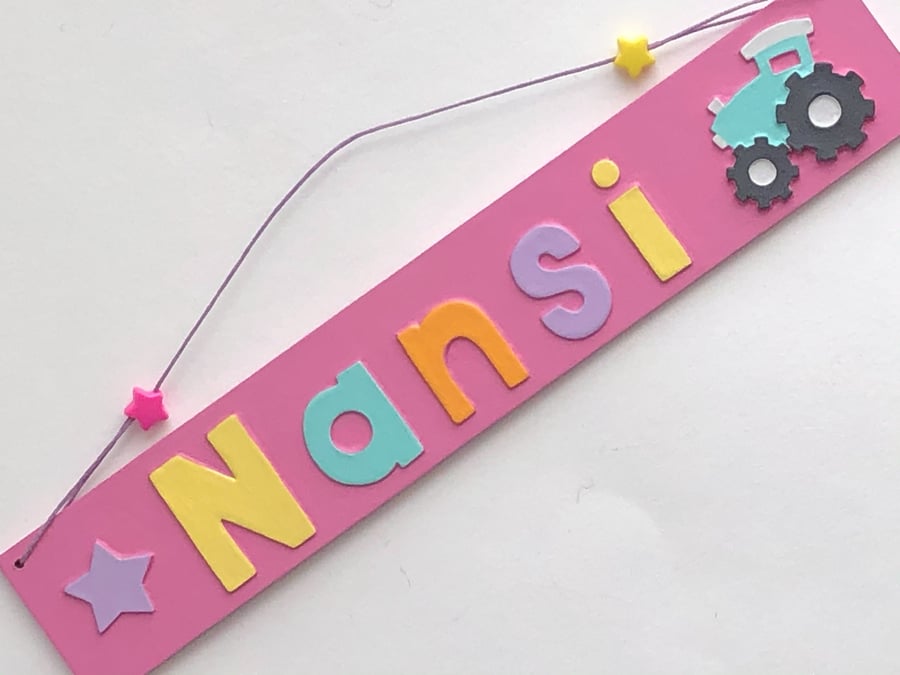 Personalised Baby Pink Tractor Name Plate