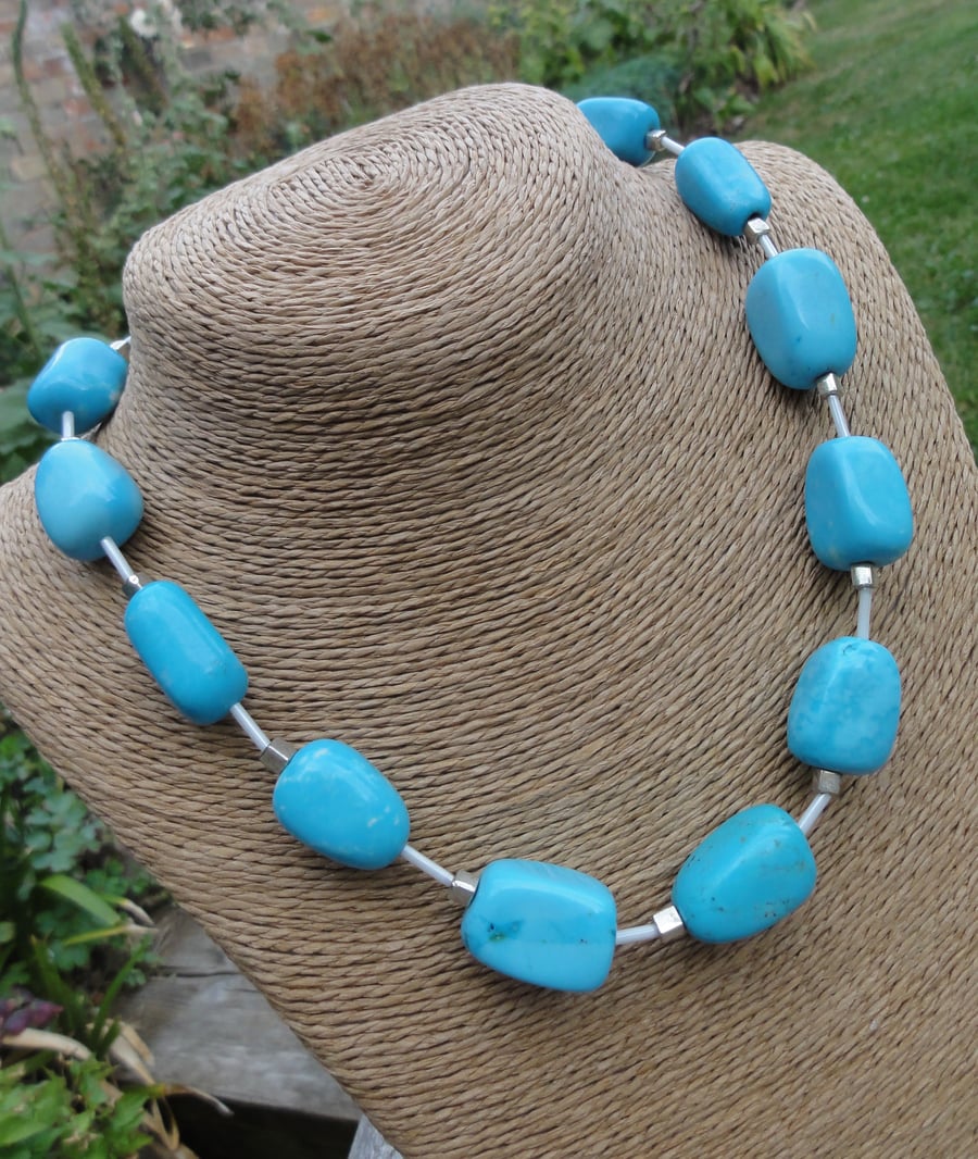 Turquoise Blue Nugget Stone Necklace with sterling silver