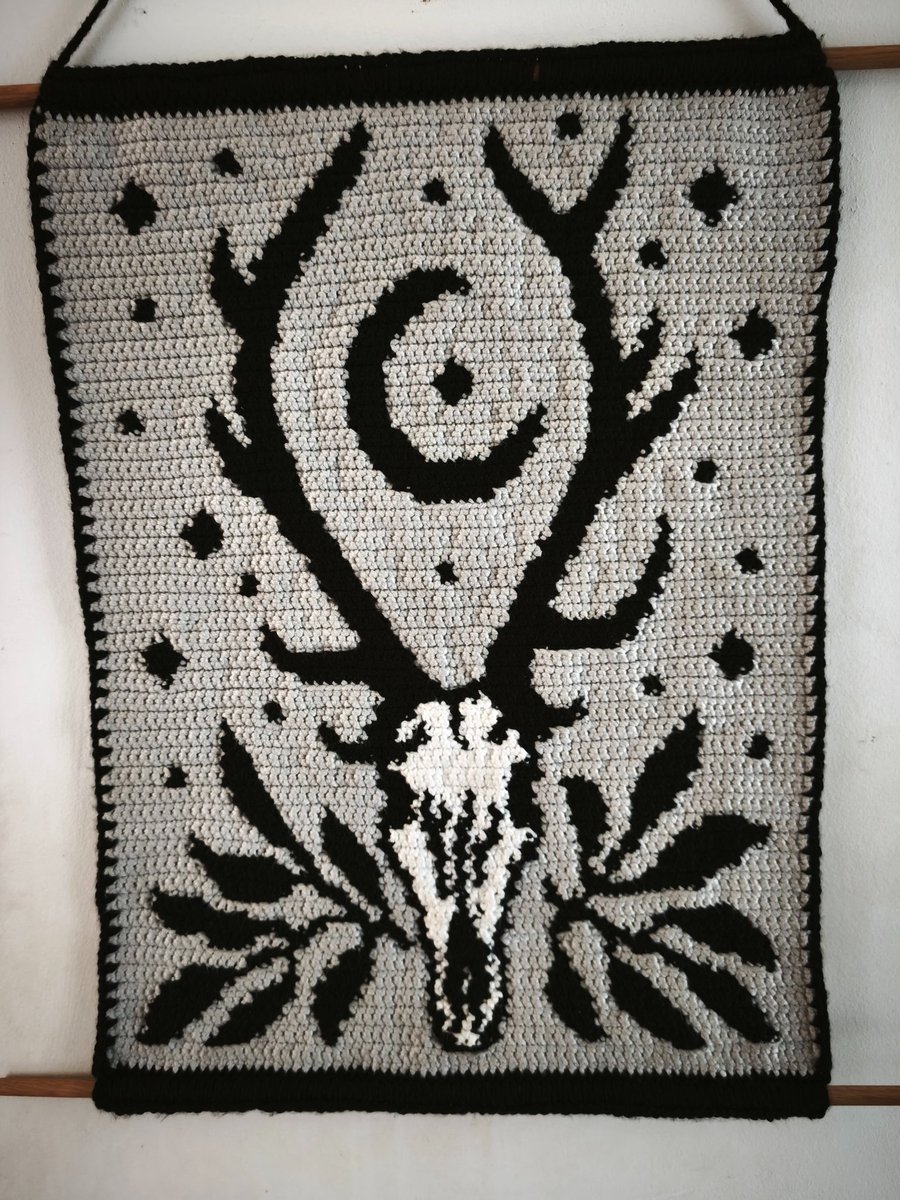 Crochet tapestry wall hanging goth decor deer skull forest cryptid creature 