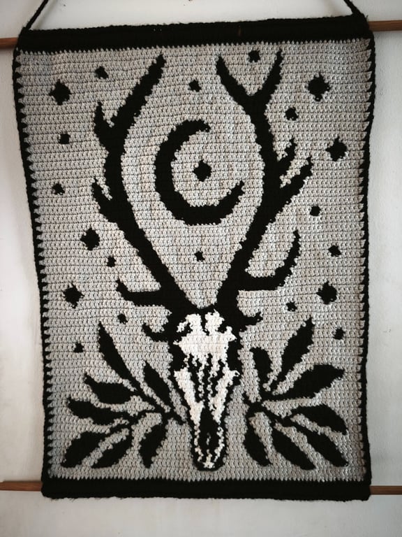 Crochet tapestry wall hanging goth decor deer skull forest cryptid creature 