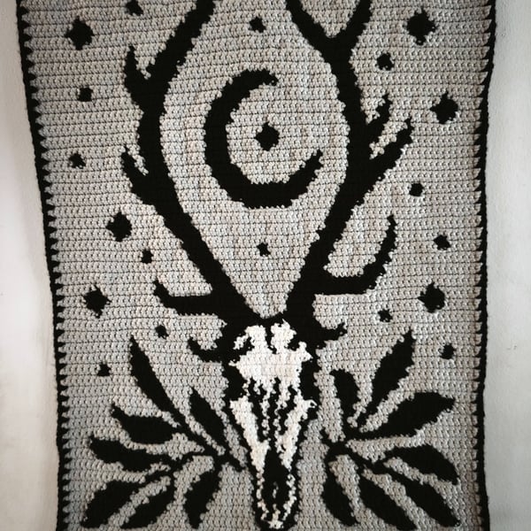 Crochet tapestry wall hanging goth decor deer skull forest cryptid creature 
