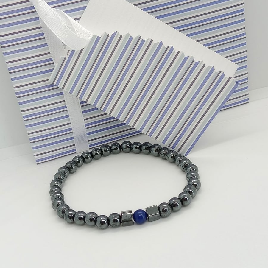 Blue Sodalite focal Hamatite stretch bracelet Gemstone Jewellery