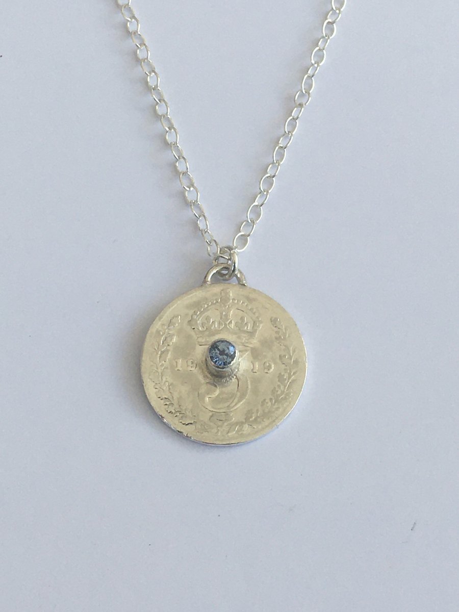 1919 Threepence pendant set with Blue Sapphire 
