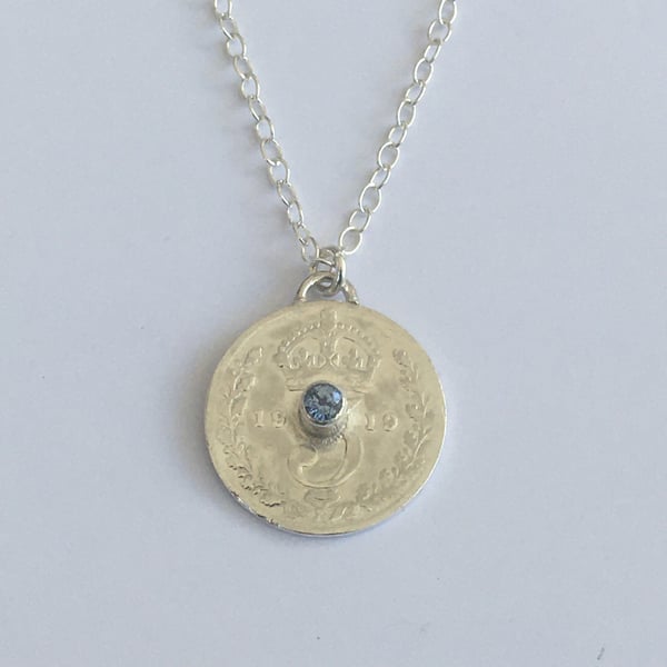 1919 Threepence pendant set with Blue Sapphire 