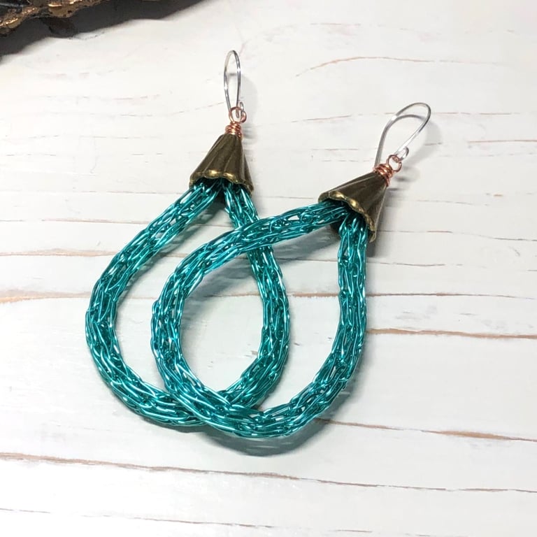 Woven Wire Drop Earrings in Turquoise with Silver Ear Wires