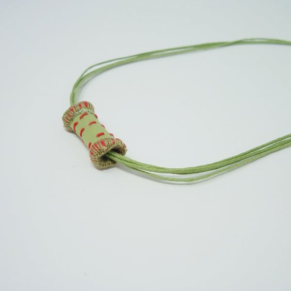 Embroidered fabric bead necklace with waxed cotton cord - Zesty