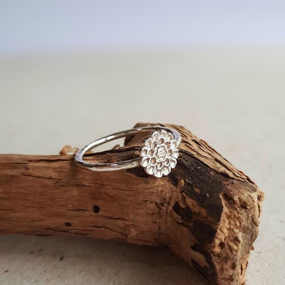Silver Flower Stacking Ring with Hammered Band - Sterling and Fine Silver