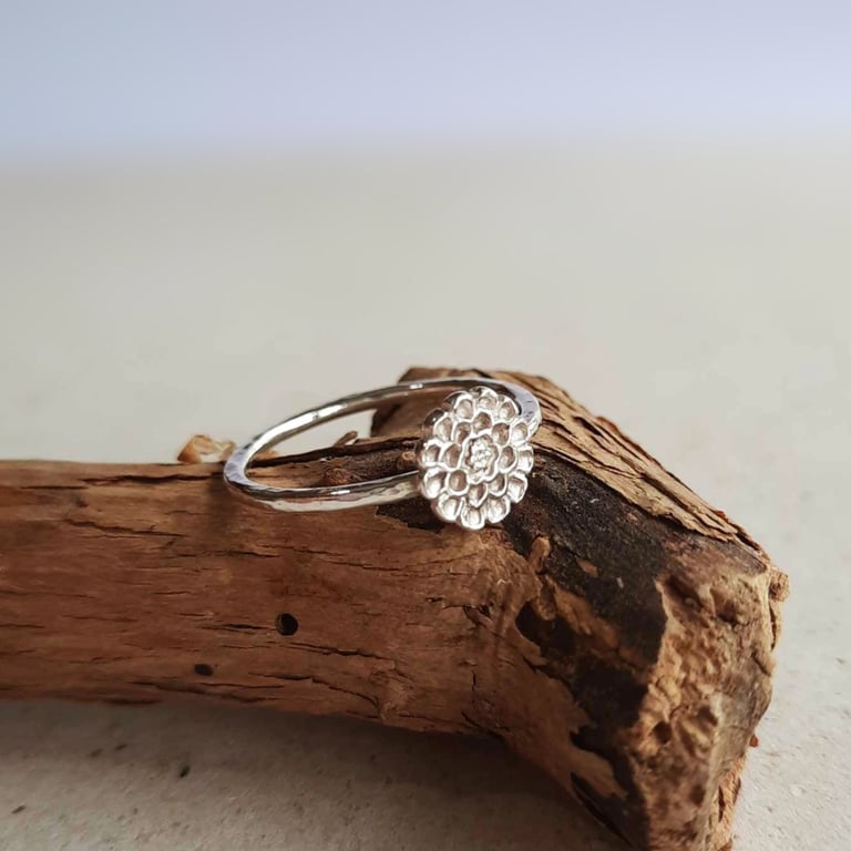 Silver Flower Stacking Ring with Hammered Band - Sterling and Fine Silver