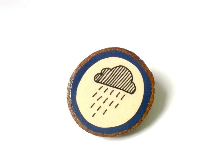 Hand Illustrated Rain Cloud Navy Blue Wooden Brooch