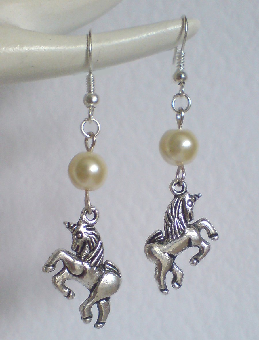 Silver Plate Unicorn Cream Glass Pearl Dangle Earrings