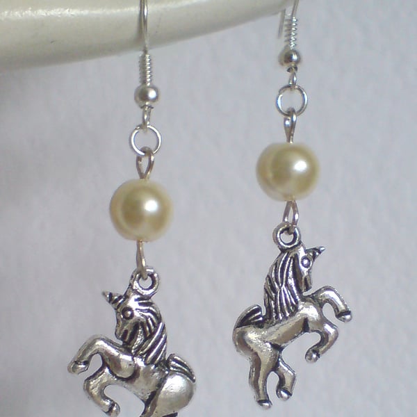 Silver Plate Unicorn Cream Glass Pearl Dangle Earrings