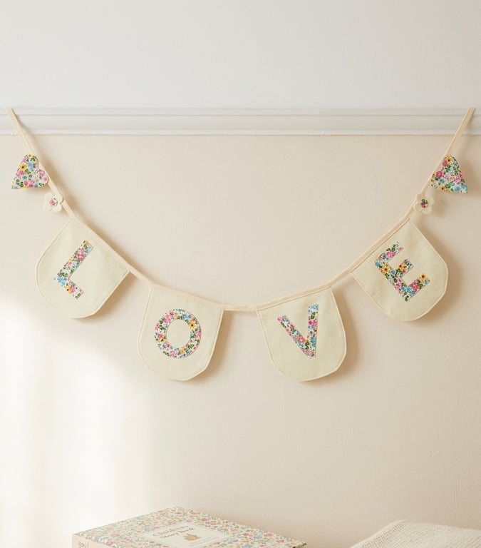 Floral LOVE Bunting – Handmade Nursery Garland, Neutral Baby Shower Decor