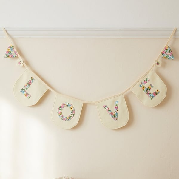 Floral LOVE Bunting – Handmade Nursery Garland, Neutral Baby Shower Decor