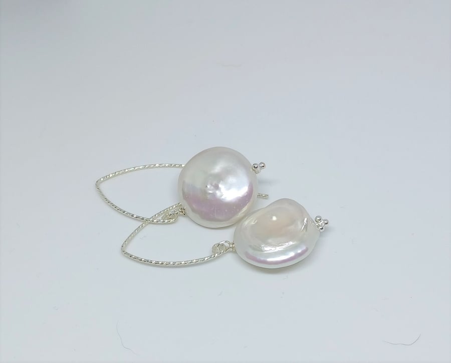 White Coin Pearl Earrings with Sparkly Sterling Silver Shaped Earwires