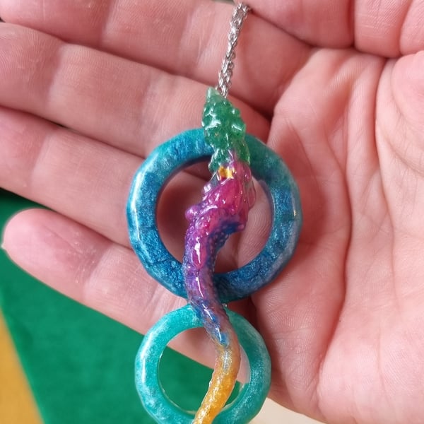 Colourful resin serpent dragon hoop pendant