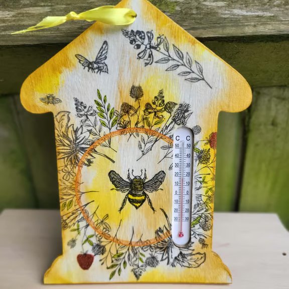 BUMBLE BEE wooden wall art,Bee hotel shaped Thermometer,Save the Bees gift