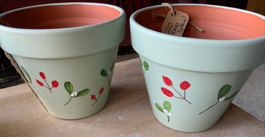 Mistletoe and Red Berries hand painted on sage green base. SOLD