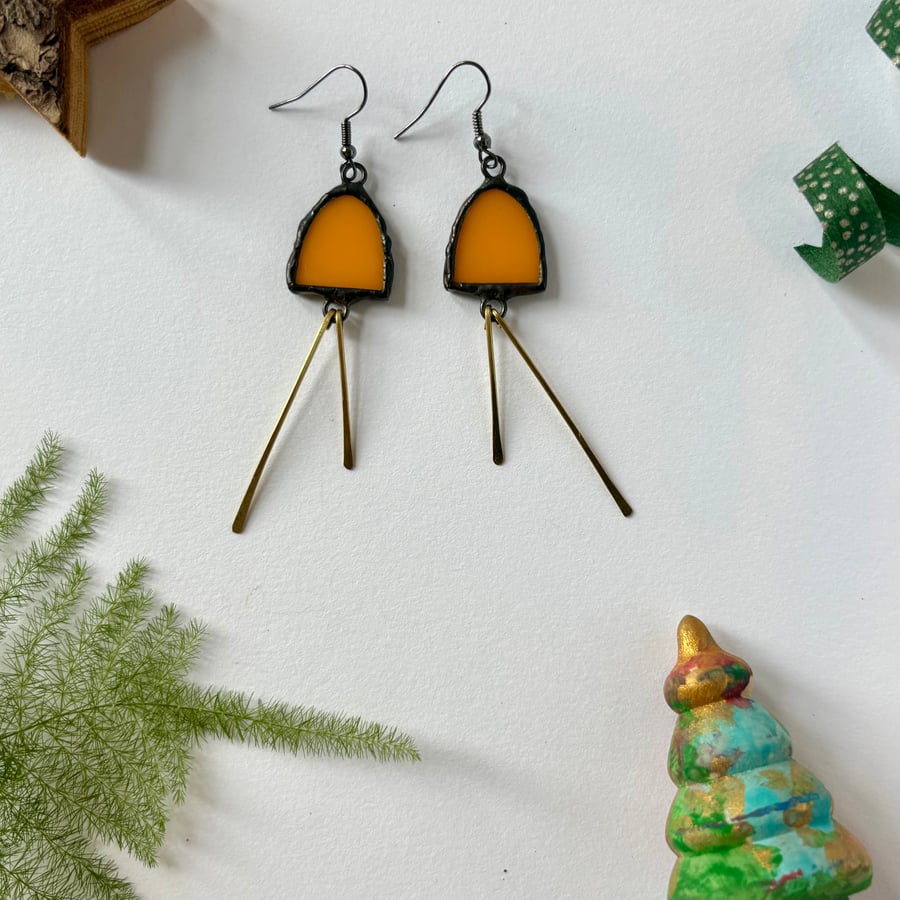 Statement stained glass Jewellery, marigold yellow earrings with hammered brass