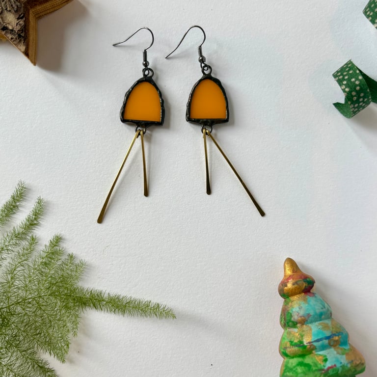 Statement stained glass Jewellery, marigold yellow earrings with hammered brass