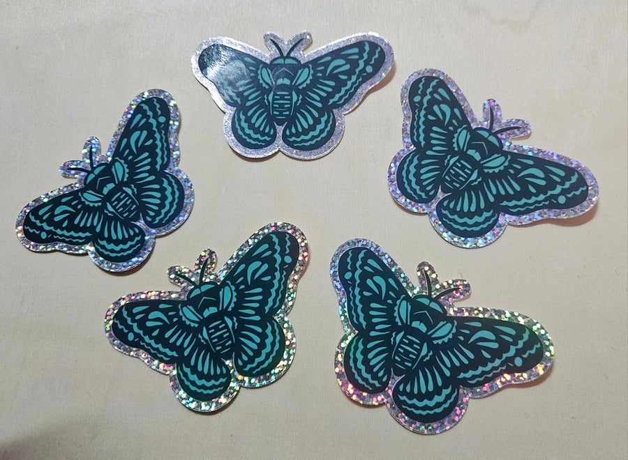 Five Teal Moth Glitter Stickers