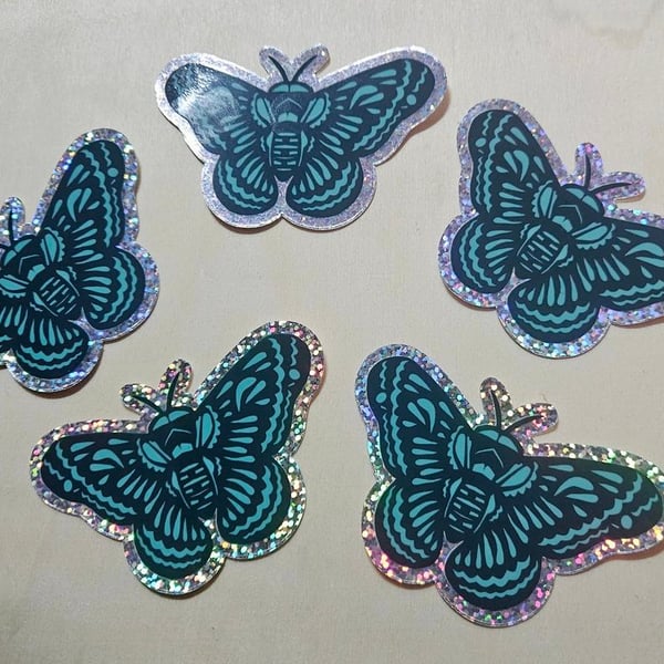 Five Teal Moth Glitter Stickers