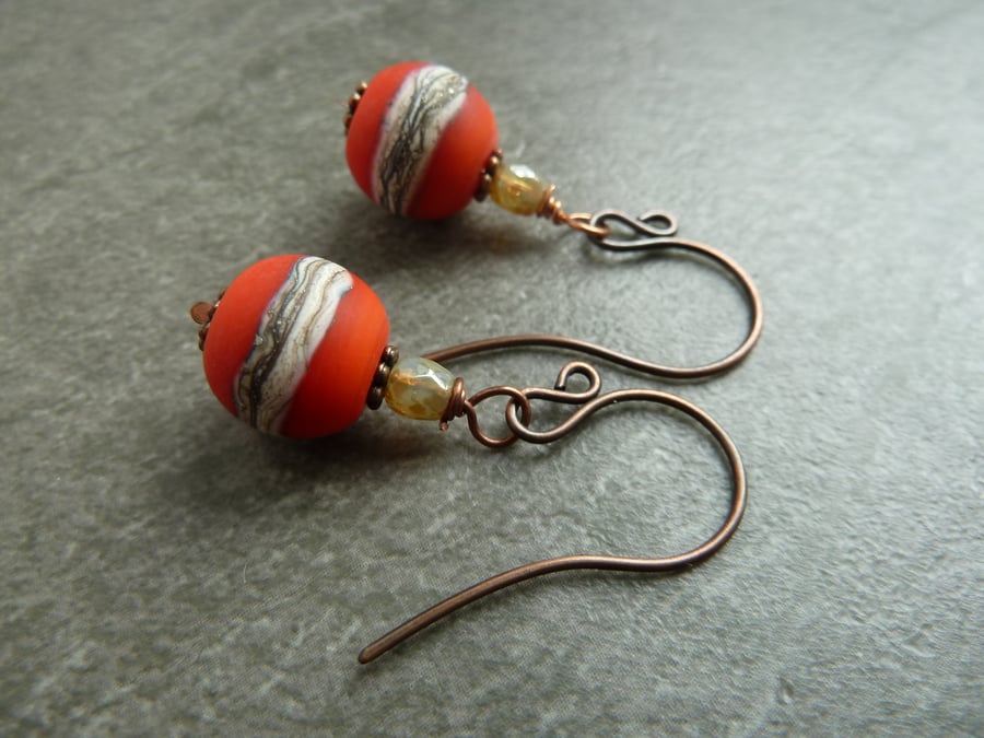 copper, red lampwork glass earrings
