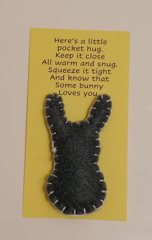 Handmade handsewn felt mini rabbit shaped pocket hug grey