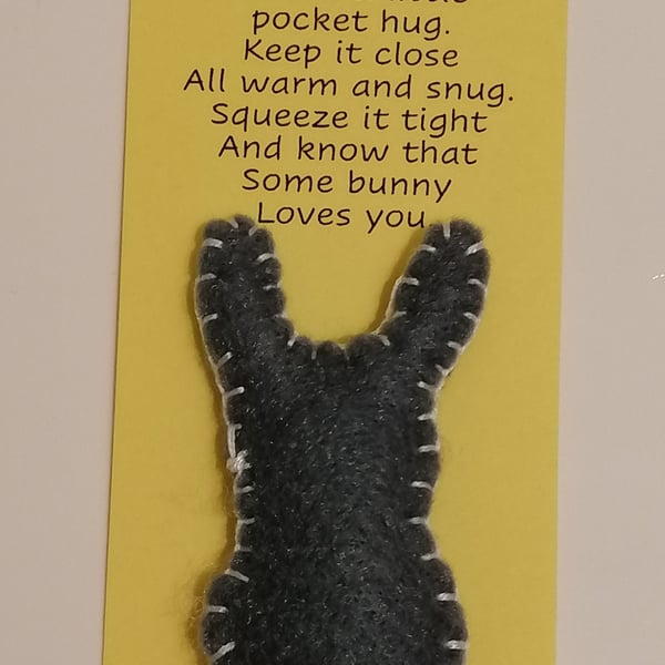Handmade handsewn felt mini rabbit shaped pocket hug grey