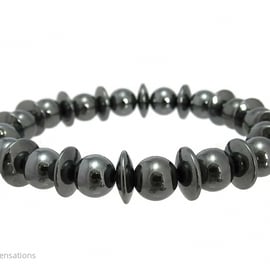 Hematite Discs & Round Beads Medium Chunky Handmade Stretch Bracelet